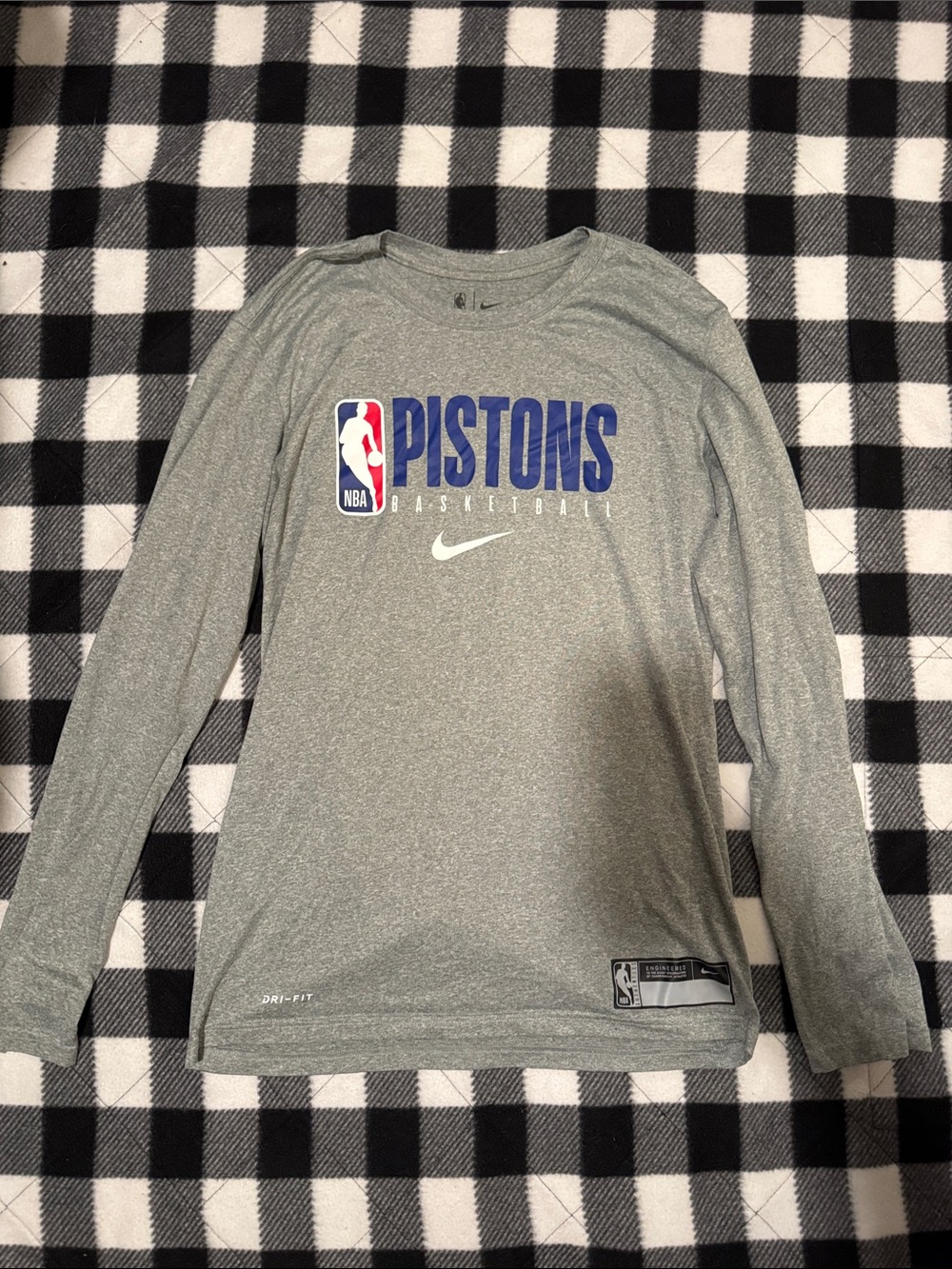 Nike Gray Detroit Pistons Long Sleeve Tee with Blue Logo